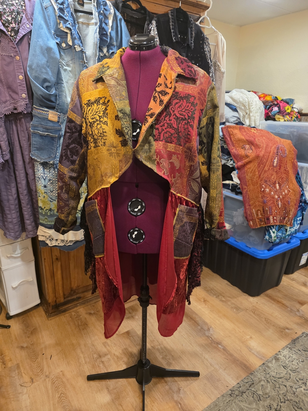Bohemian Patchwork Open-Front Coatigan in Red, Gold & Green